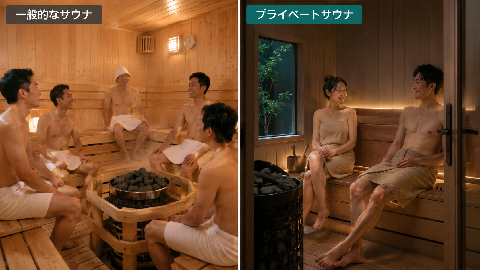 一般的なサウナとプライベートサウナの違いを比較したイメージ