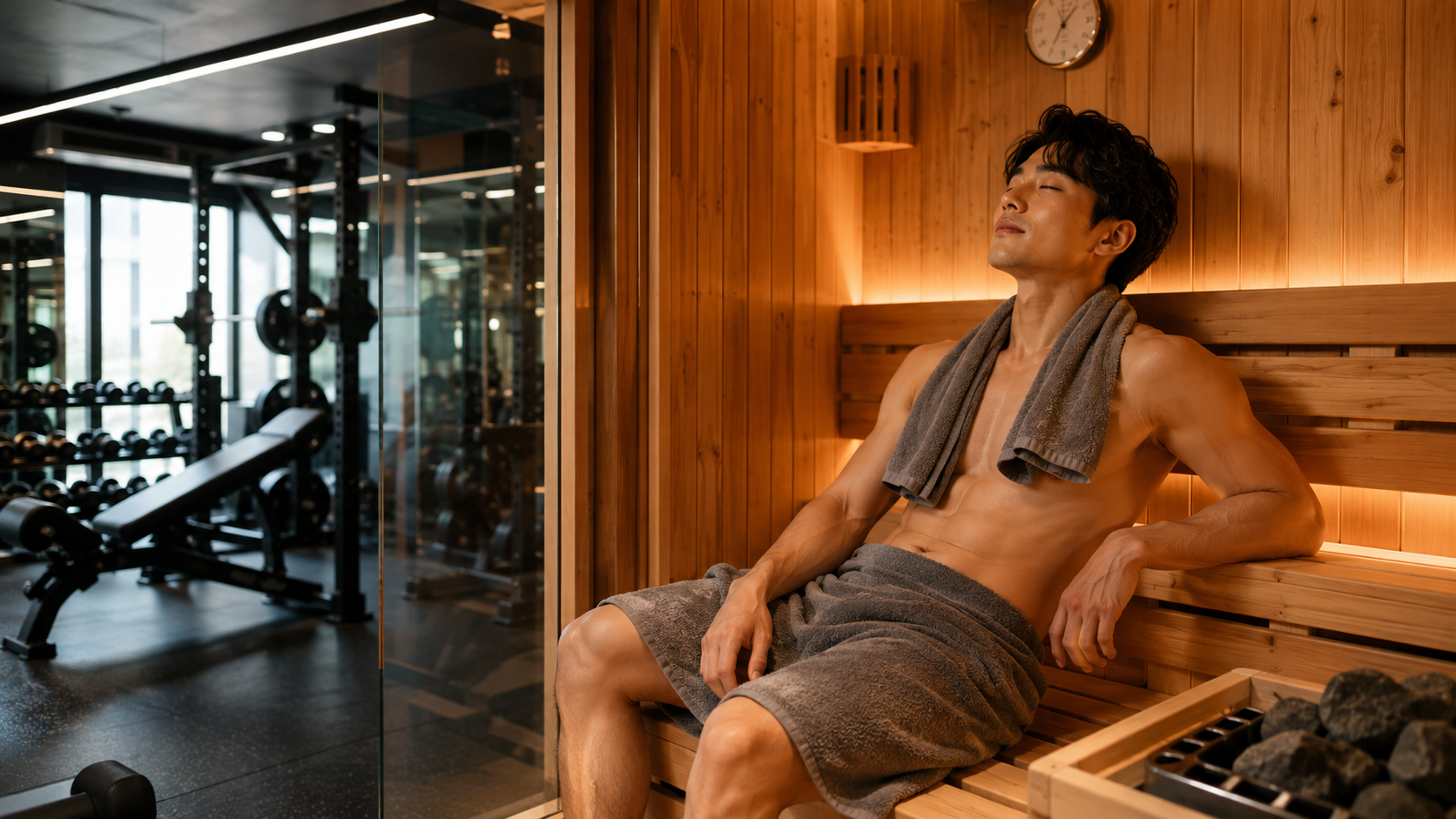 筋トレ後にサウナで休憩する男性