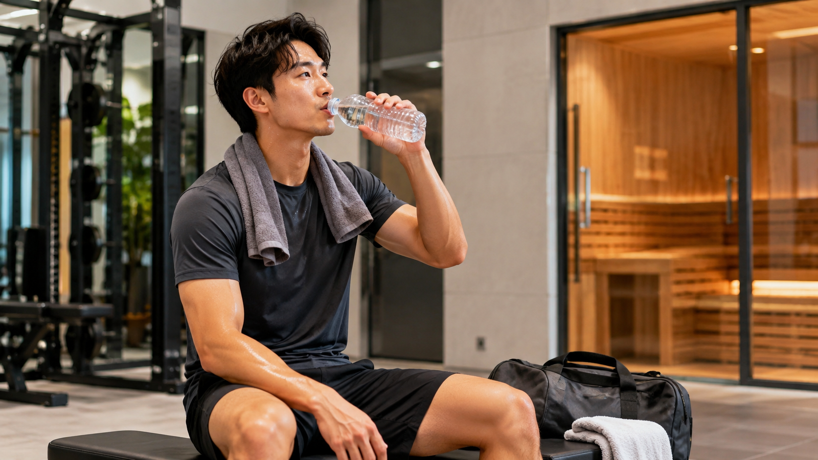 筋トレ後にサウナへ入る前に水分補給する男性