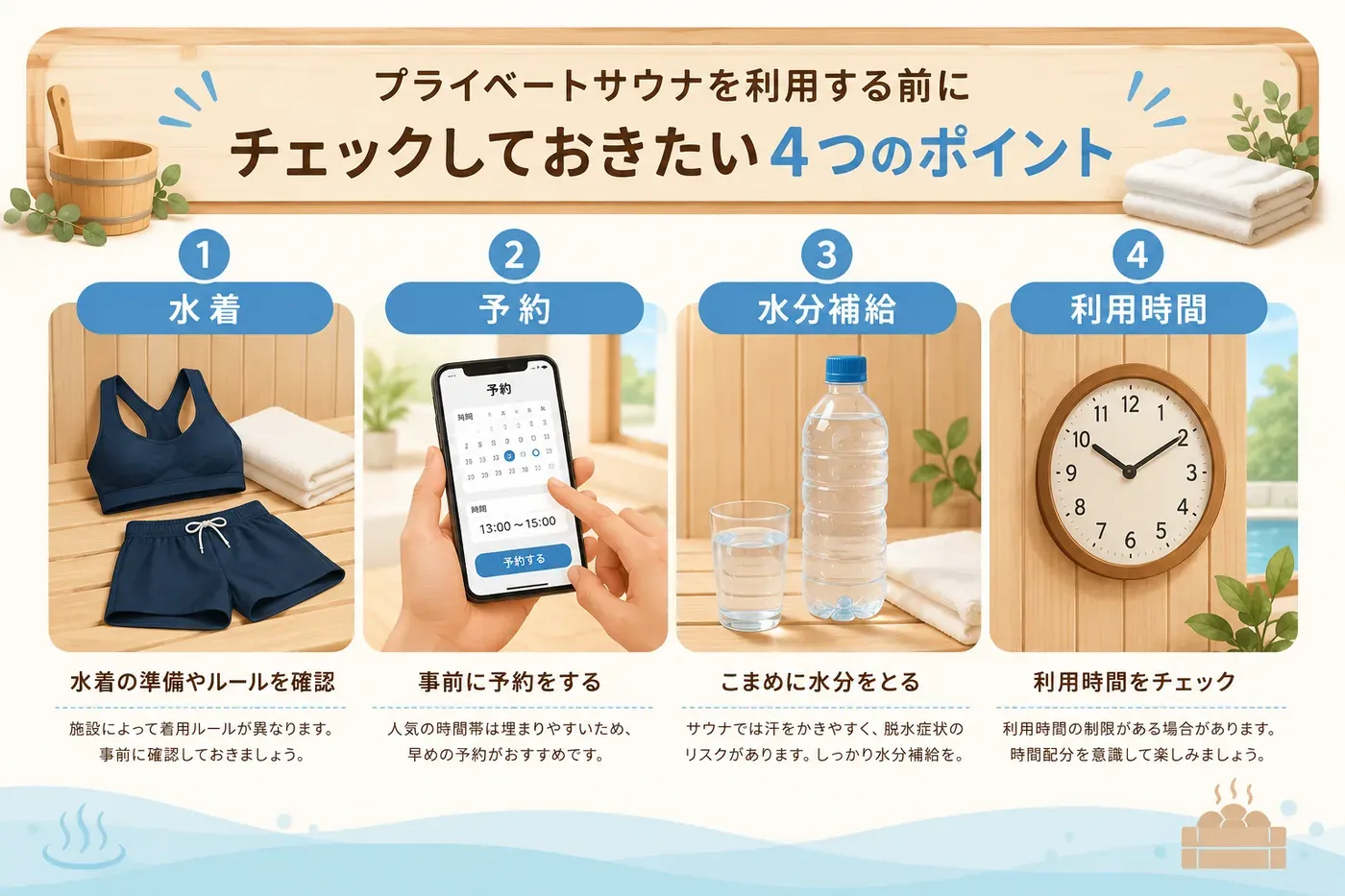 プライベートサウナ利用前に確認したい水着・予約・水分補給・利用時間