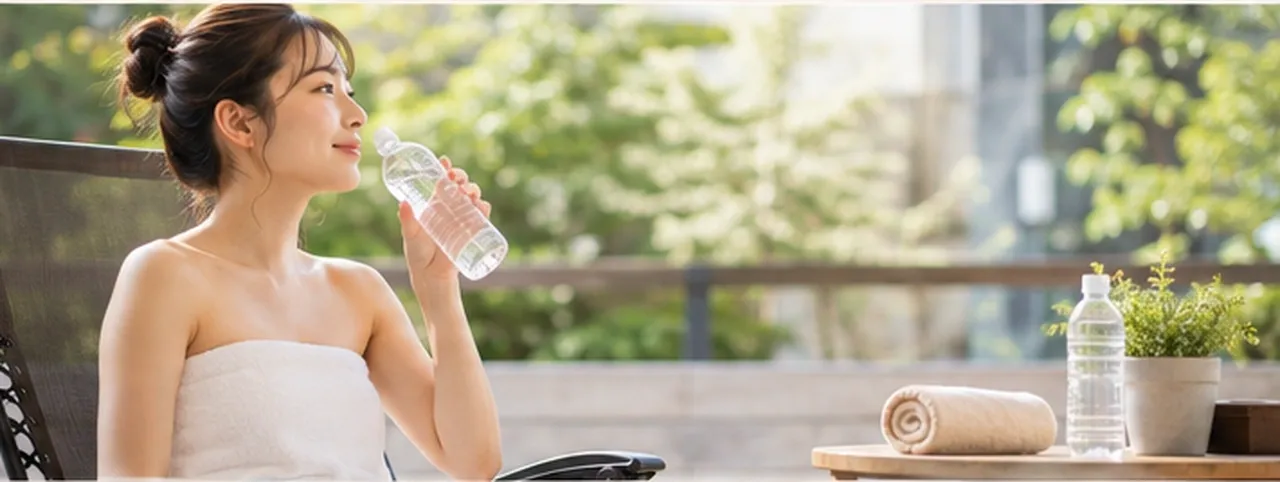 サウナ後の休憩スペースで、水分補給をしながらリラックスする女性