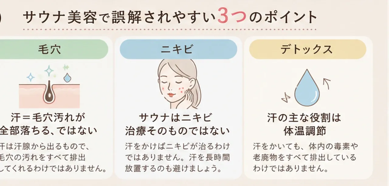 サウナ美容で誤解されやすい「毛穴・ニキビ・デトックス」の3つのポイントを解説した図
