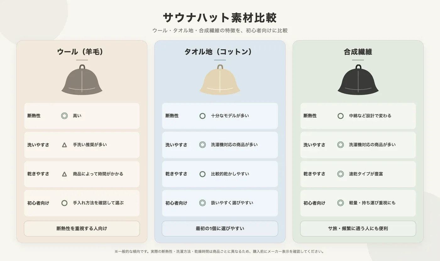 ウール・タオル地・合成繊維のサウナハット素材の特徴を比較した図